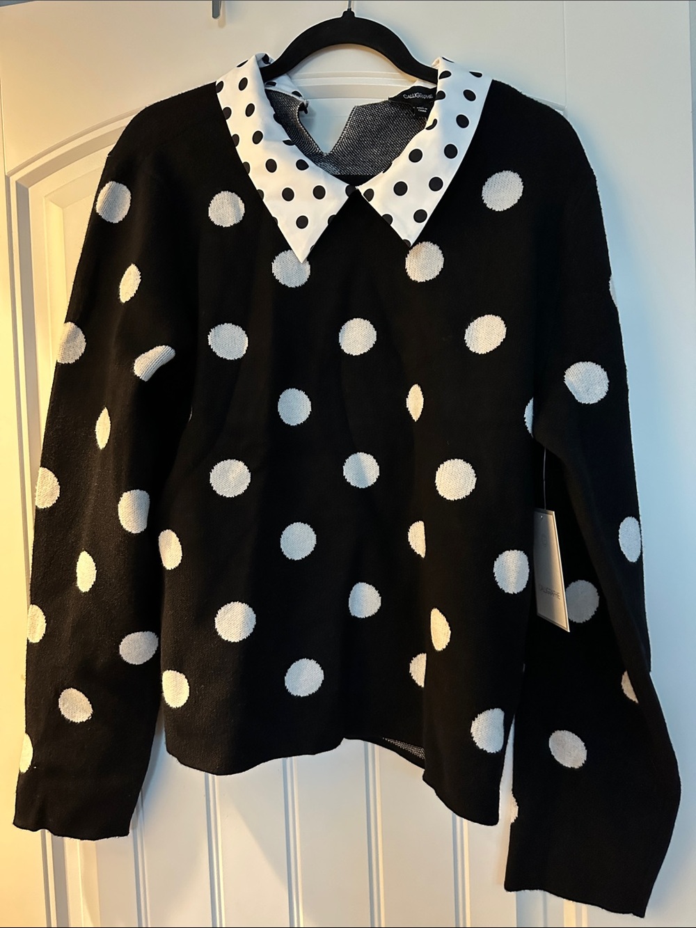 Black Polka Dot Crewneck Sweater with Contrast Collar